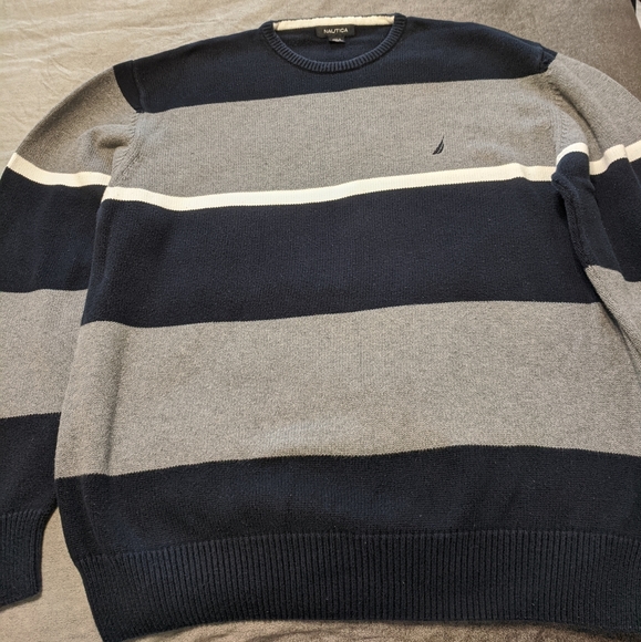 Nautica Sweater navy and gray thick stripe - Picture 1 of 5